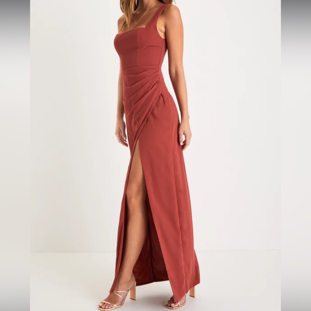 Lulus Glamorous Disposition Rust Ruched Maxi Dress Size XL